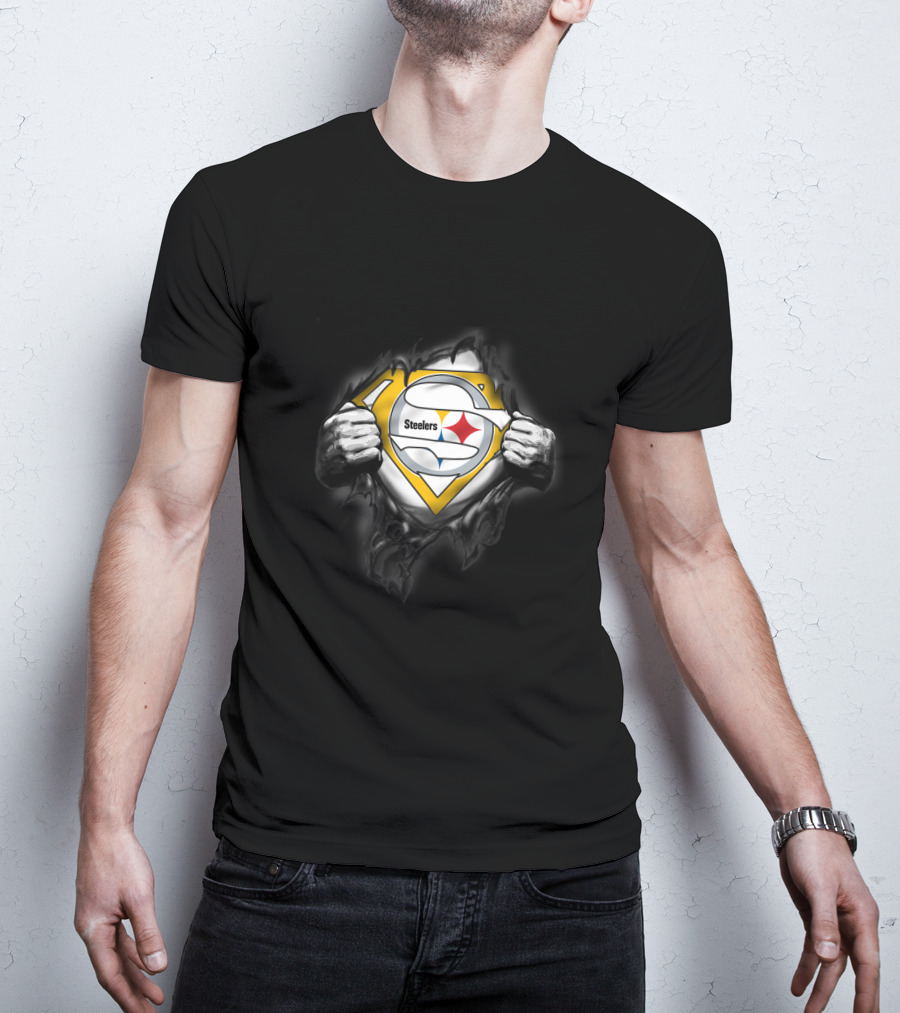 Steelers Emblem Revealed Through Superhero Suit Tear T-Shirt