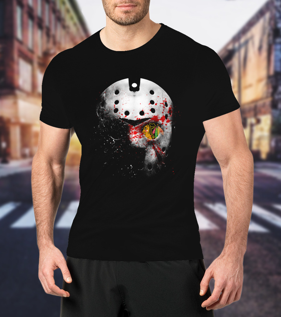 Chicago Blackhawks Jason Mask Blood Splatter Nhl Horror Crossover T-Shirt