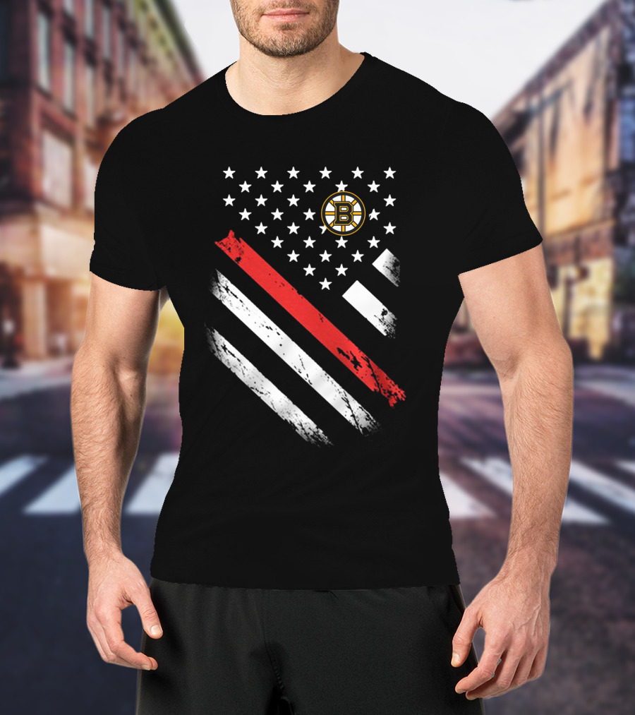 Boston Bruins American Flag Hockey Logo Stars Stripes T-Shirt