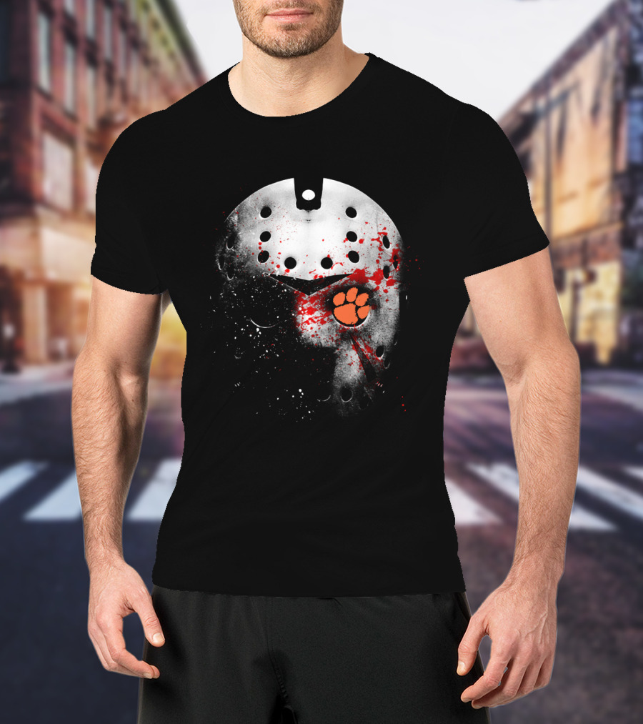Clemson Tigers Football Jason Voorhees Mask With Paw Print And Blood Splatter T-Shirt