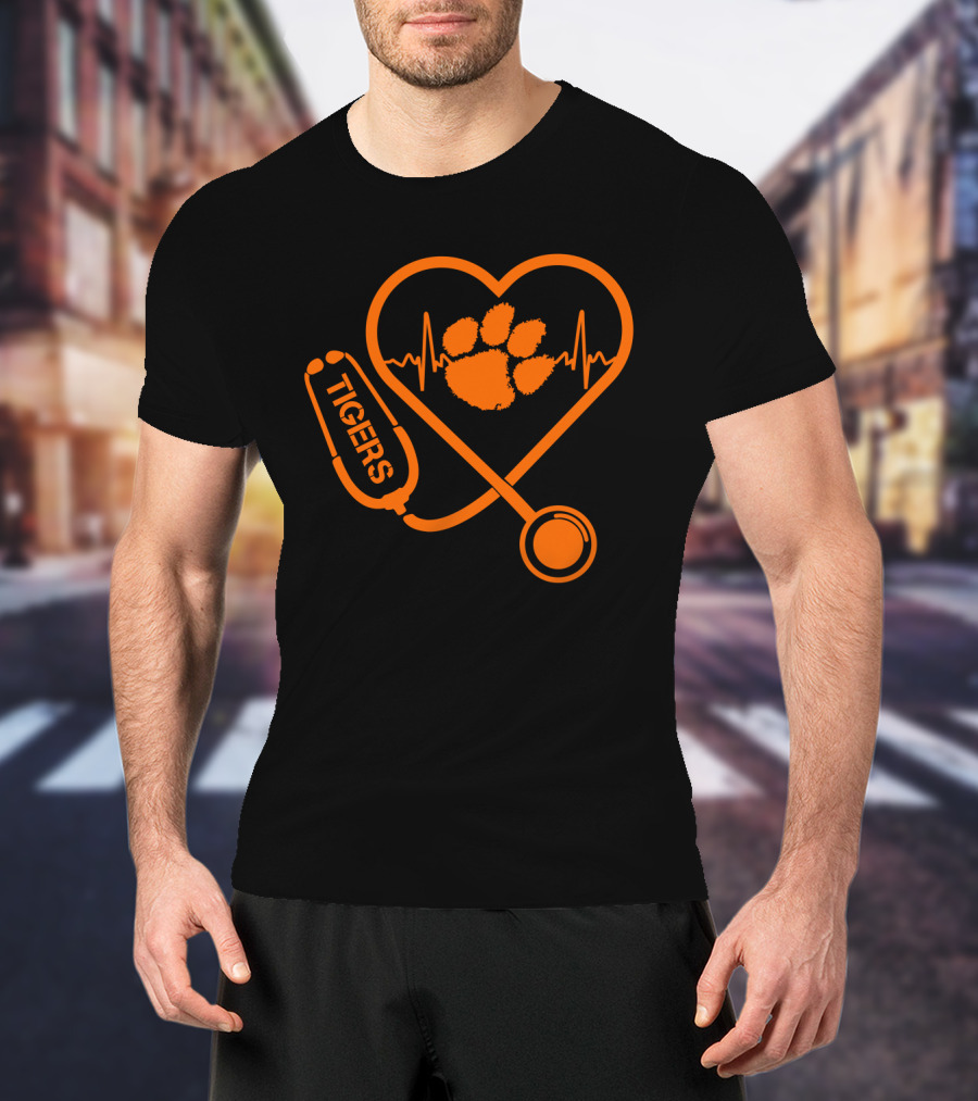 Clemson Tigers Heartbeat Stethoscope Paw Print T-Shirt