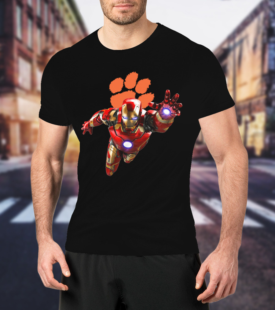 Clemson Tigers Iron Man Flying Paw Print Football T-Shirt