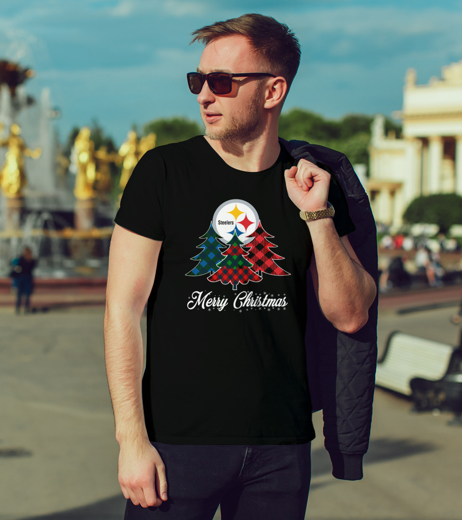 Steelers Merry Christmas Plaid Trees T-Shirt