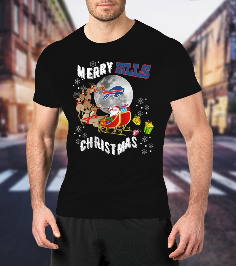 Merry Bills Christmas Buffalo Bills Santa Sleigh And Moon T-Shirt