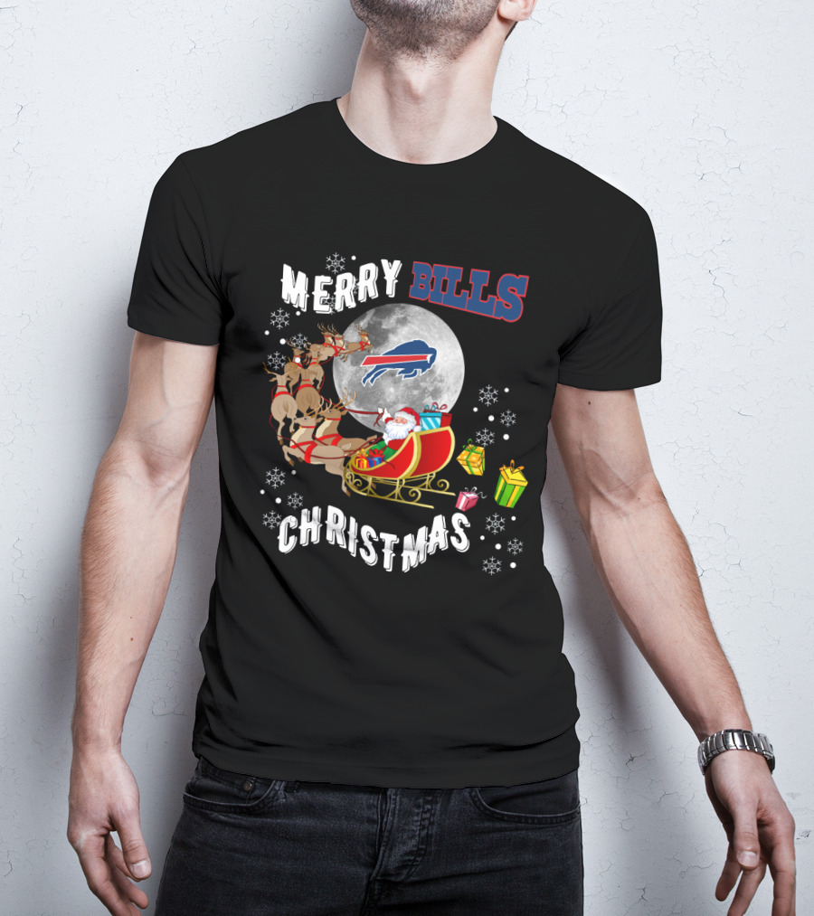 Merry Bills Christmas Buffalo Bills Santa Sleigh And Moon T-Shirt