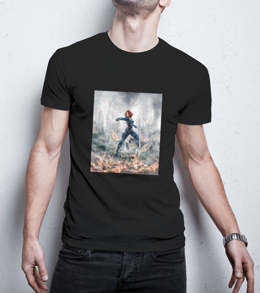 Avengers Cool Black Widow Action Scene Amidst Destruction T-Shirt
