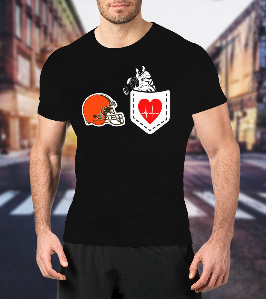 Cleveland Browns Helmet Zebra Heartbeat Pocket T-Shirt