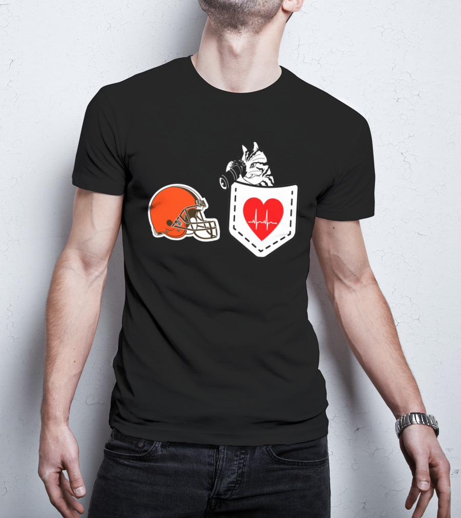 Cleveland Browns Helmet Zebra Heartbeat Pocket T-Shirt