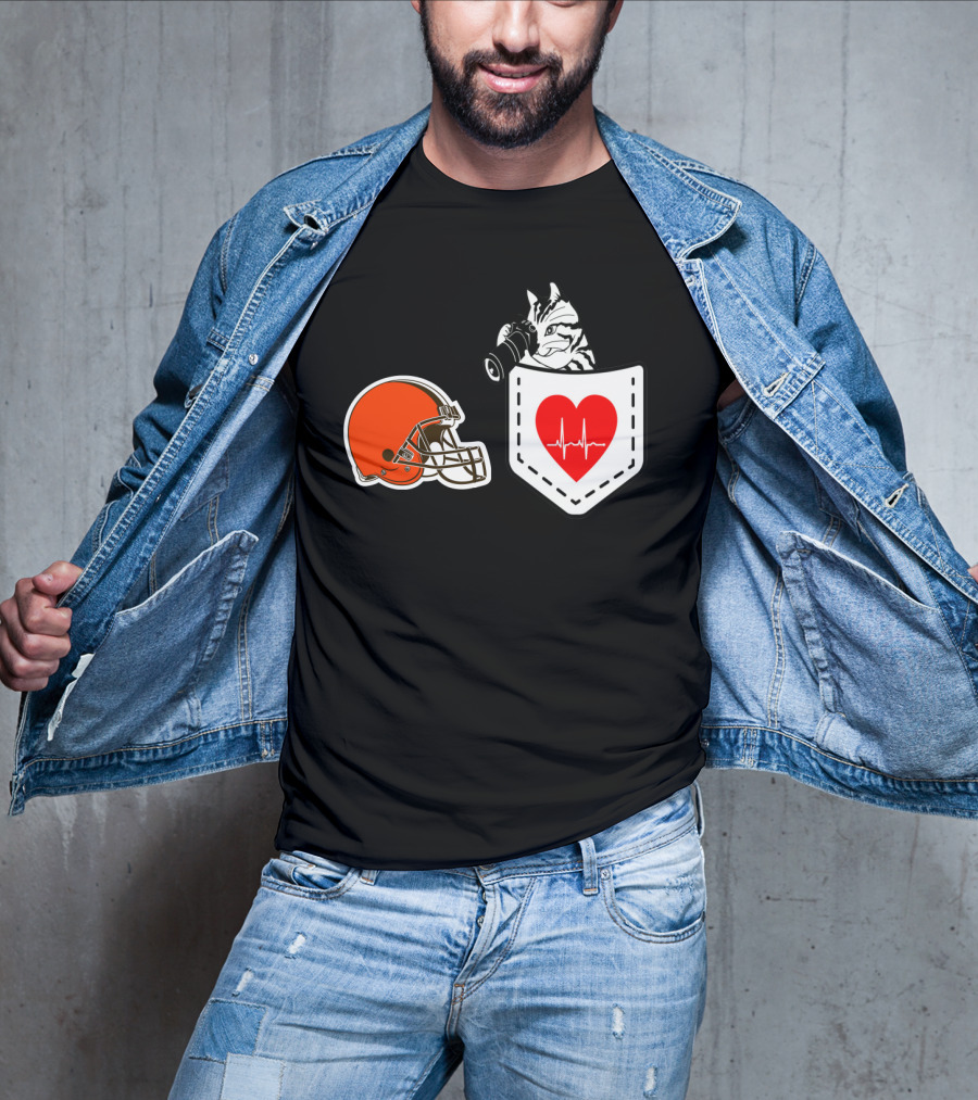 Cleveland Browns Helmet Zebra Heartbeat Pocket T-Shirt
