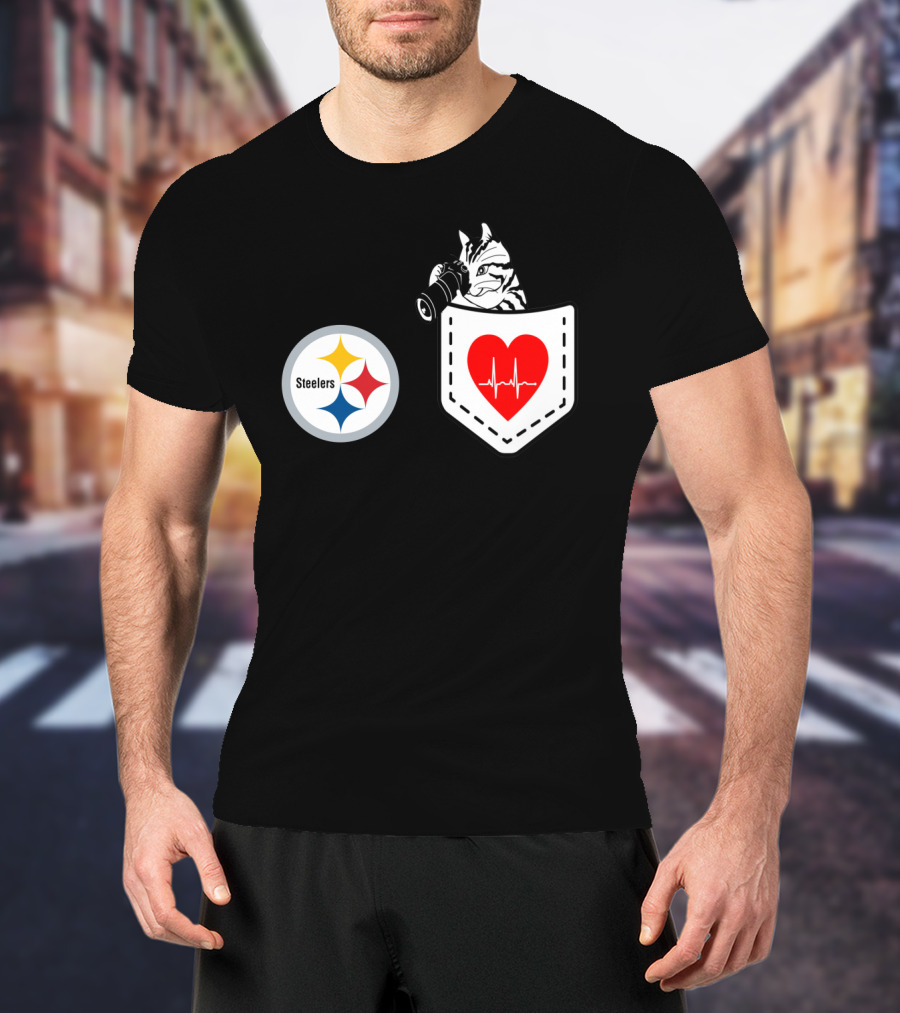 Pittsburgh Steelers Logo With Heartbeat Pocket Cat T-Shirt