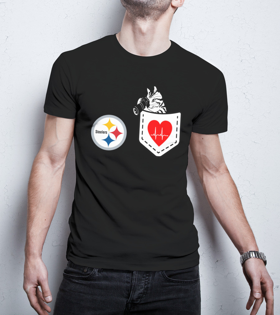 Pittsburgh Steelers Logo With Heartbeat Pocket Cat T-Shirt