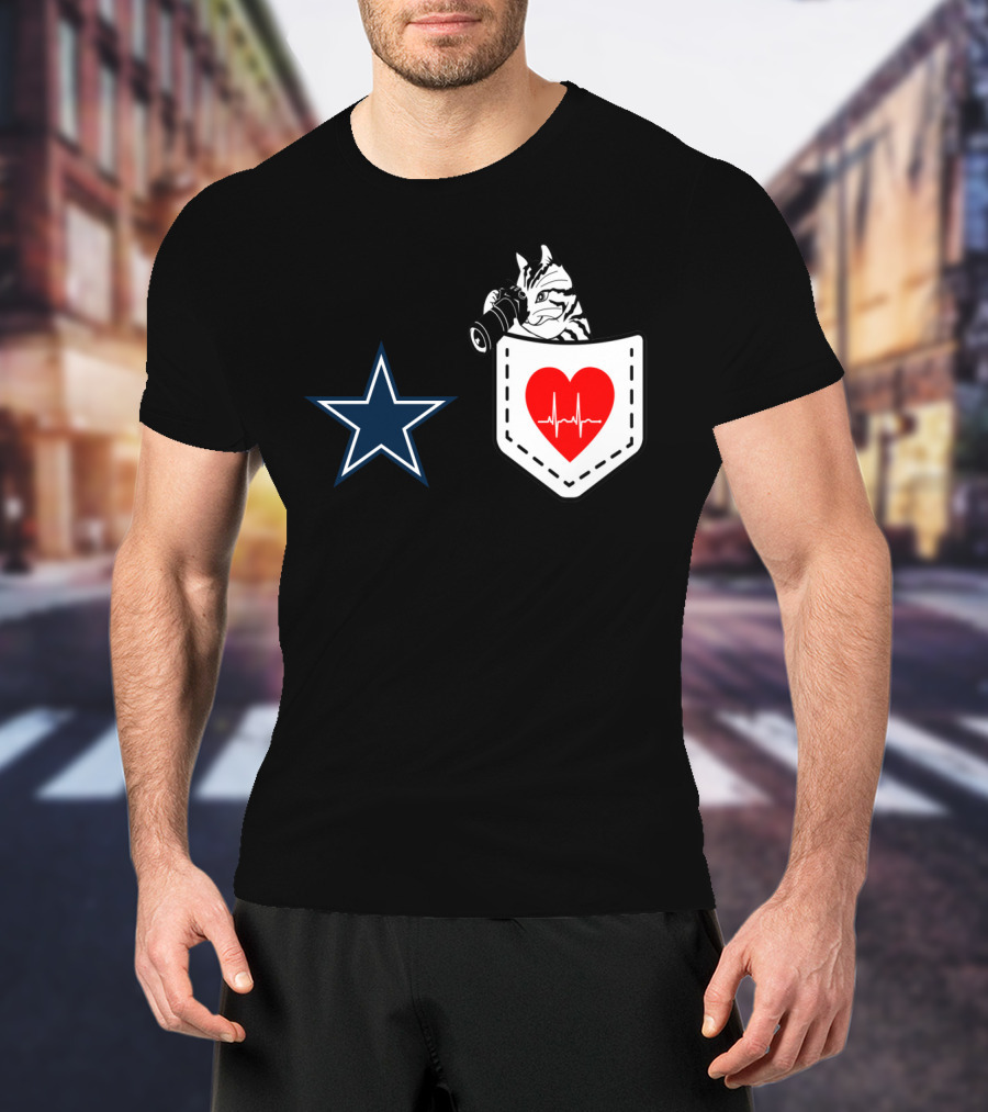 Dallas Cowboys Star Cat In Heartbeat Pocket T-Shirt