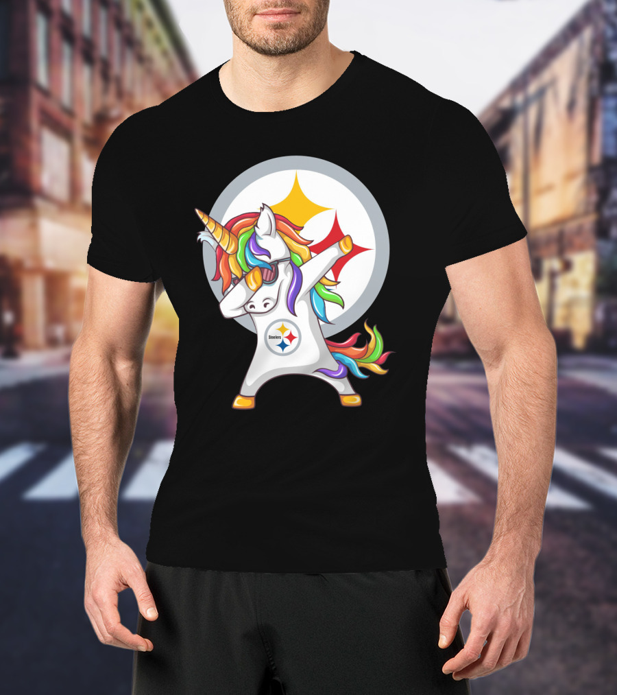 Unicorn Dabbing With Steelers Logo Rainbow Mane T-Shirt