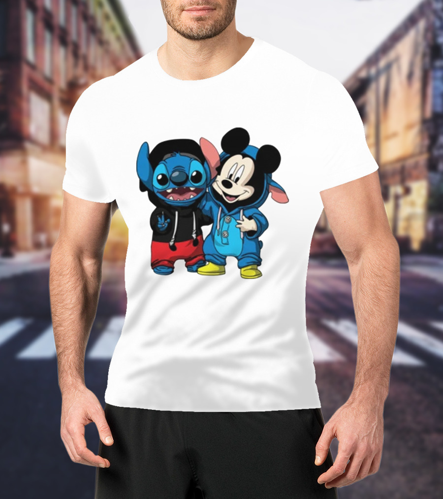 Mickey Mouse And Stitch In Hoodies T-Shirt
