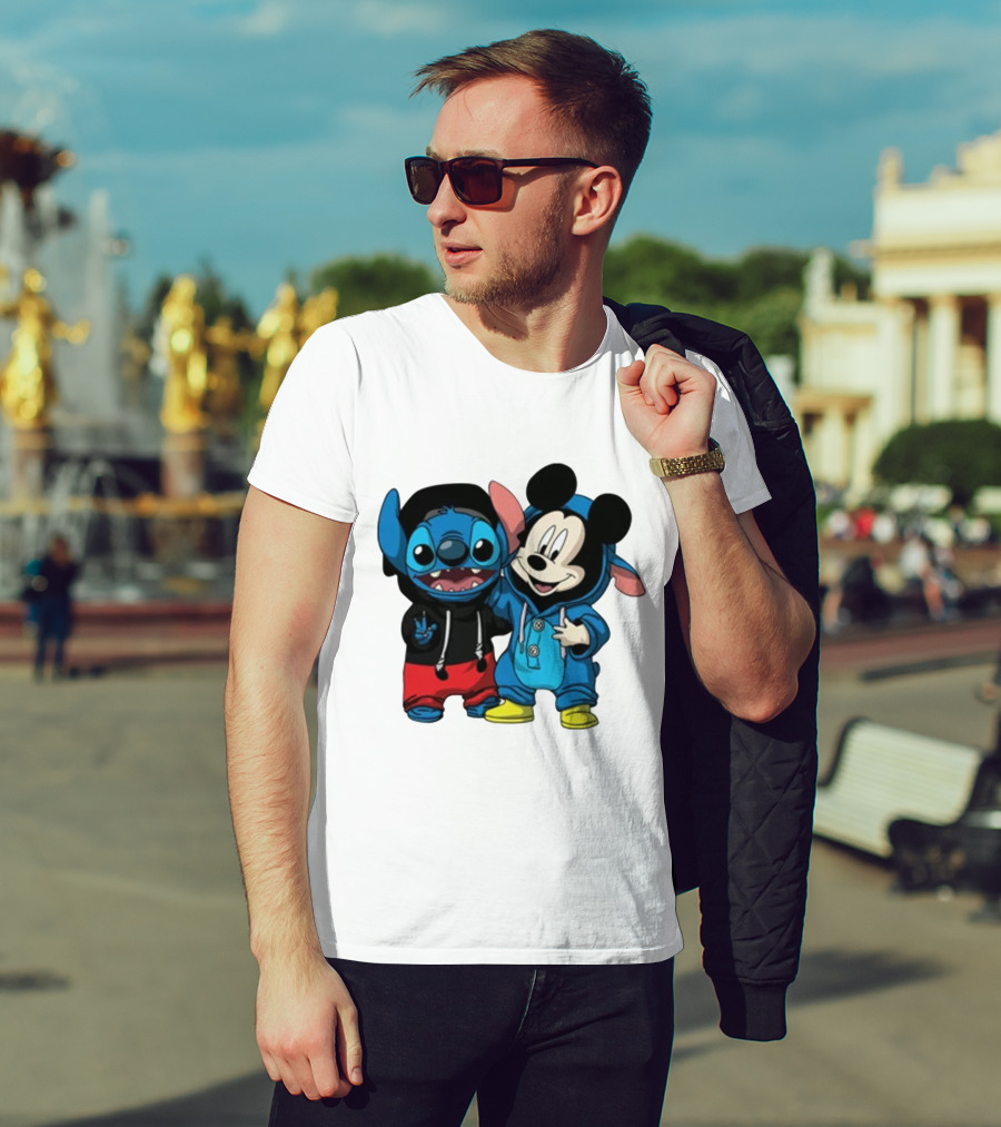 Mickey Mouse And Stitch In Hoodies T-Shirt