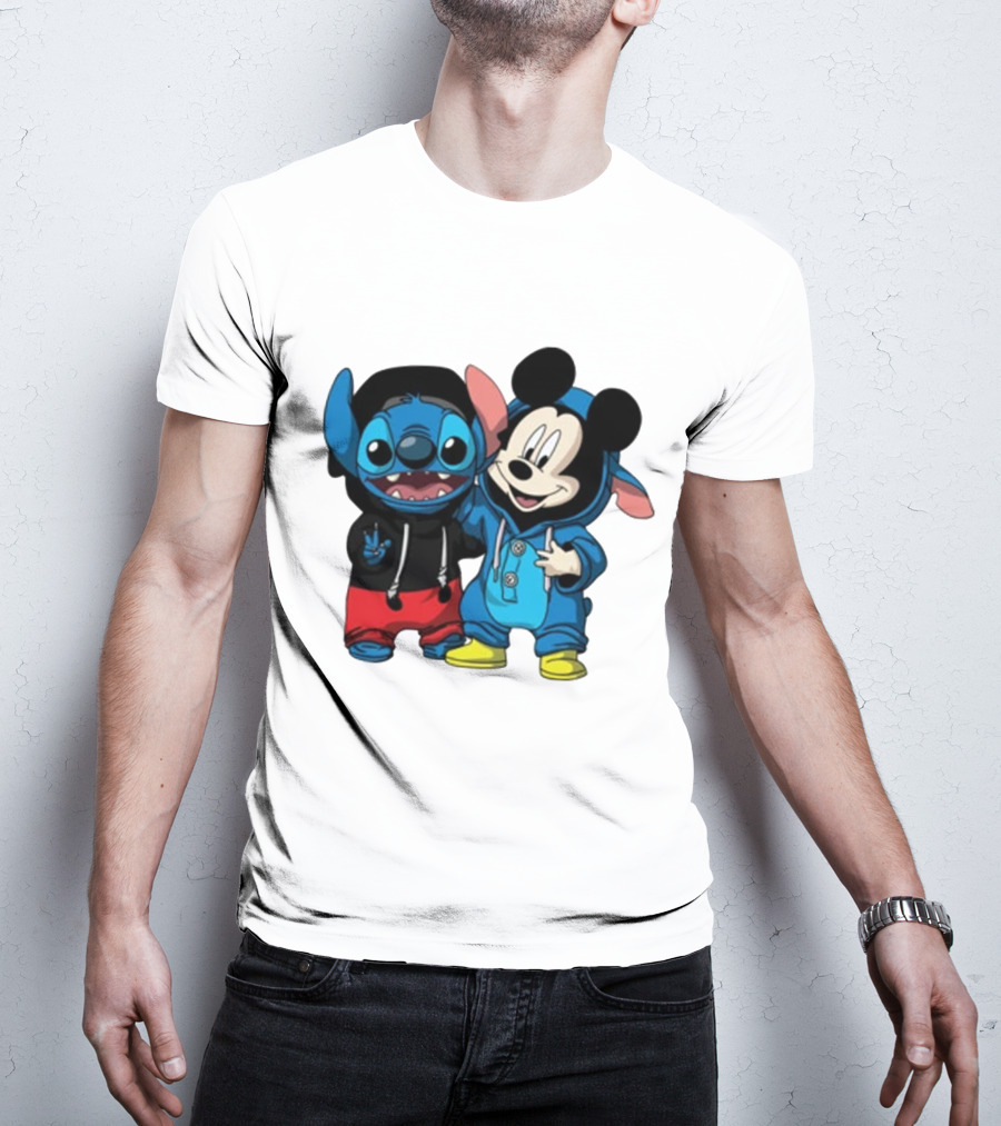 Mickey Mouse And Stitch In Hoodies T-Shirt
