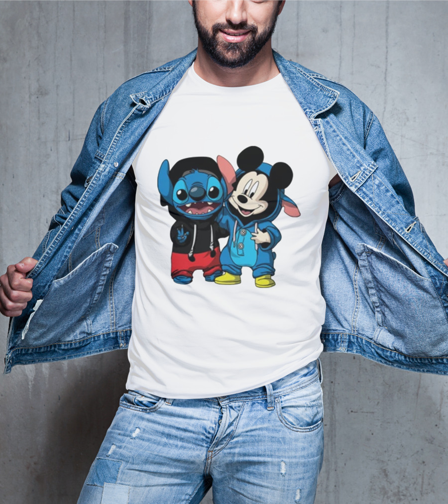 Mickey Mouse And Stitch In Hoodies T-Shirt