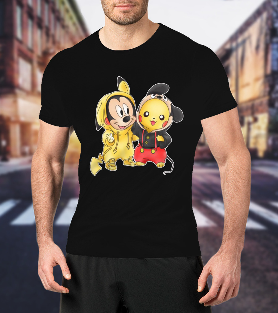 Mickey Pikachu Crossover Characters In Hoodie Costumes T-Shirt