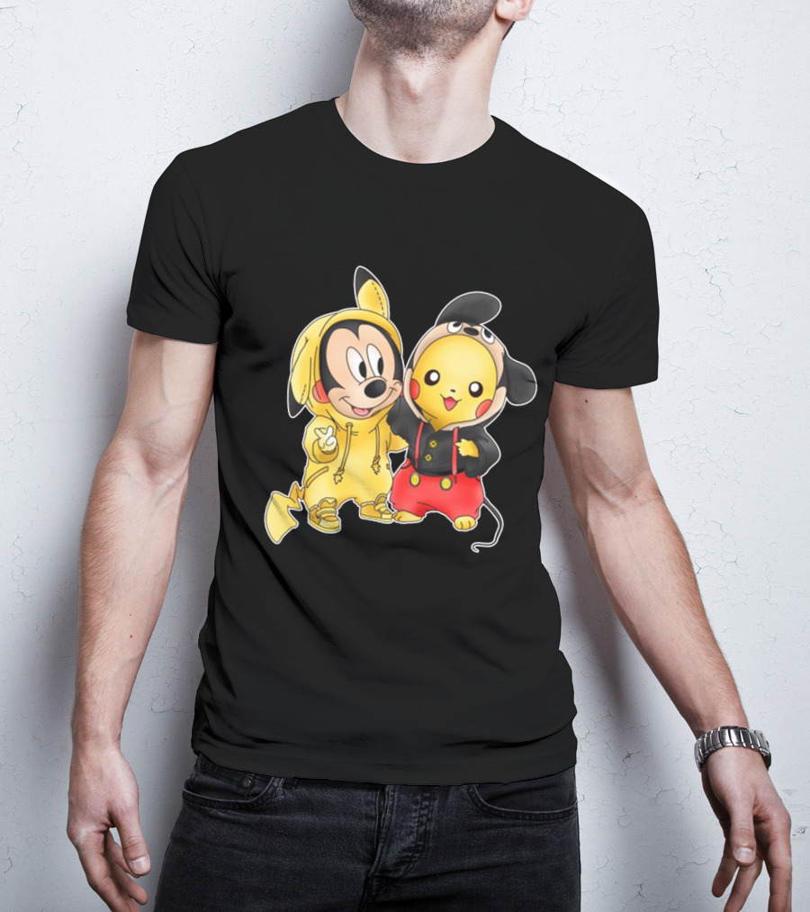 Mickey Pikachu Crossover Characters In Hoodie Costumes T-Shirt