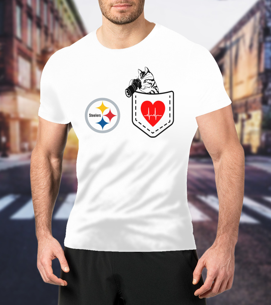 Pittsburgh Steelers Cat With Heartbeat Pocket T-Shirt