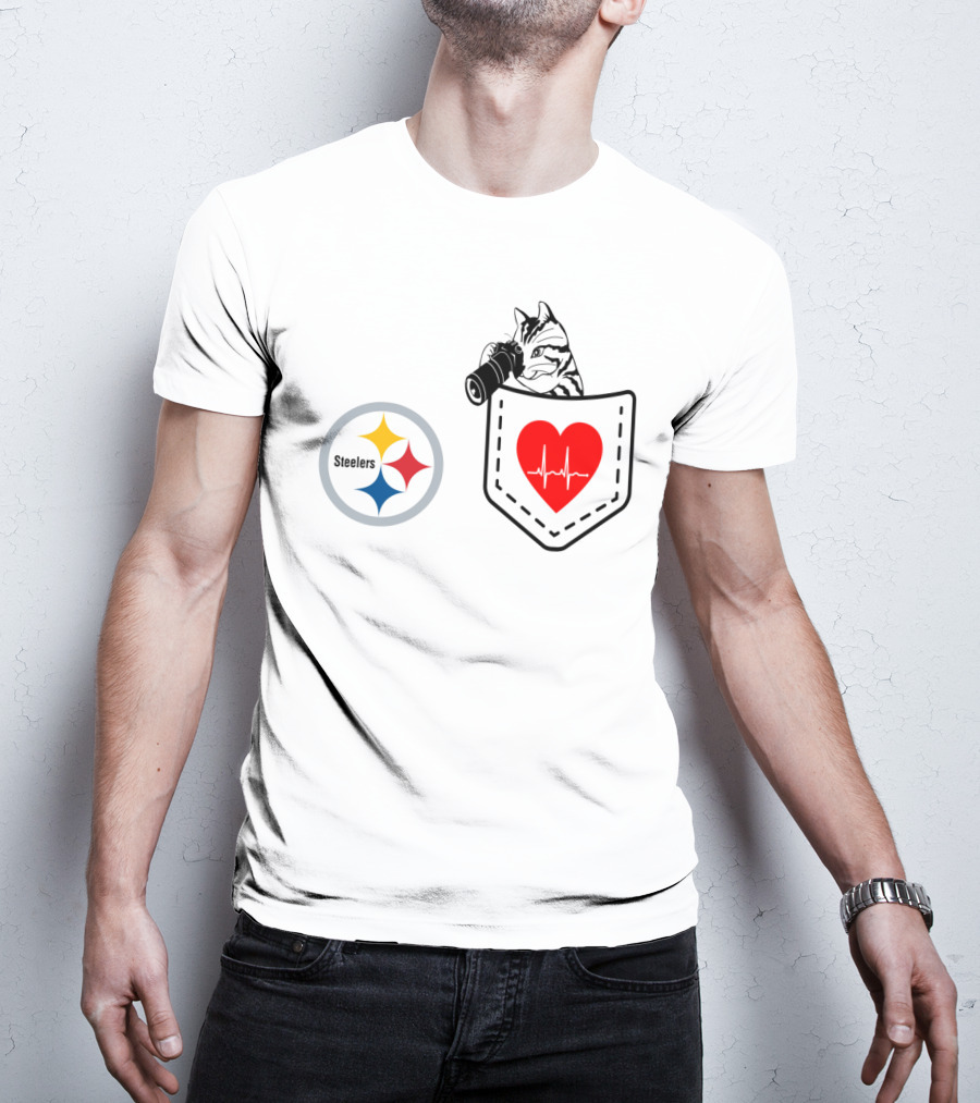 Pittsburgh Steelers Cat With Heartbeat Pocket T-Shirt