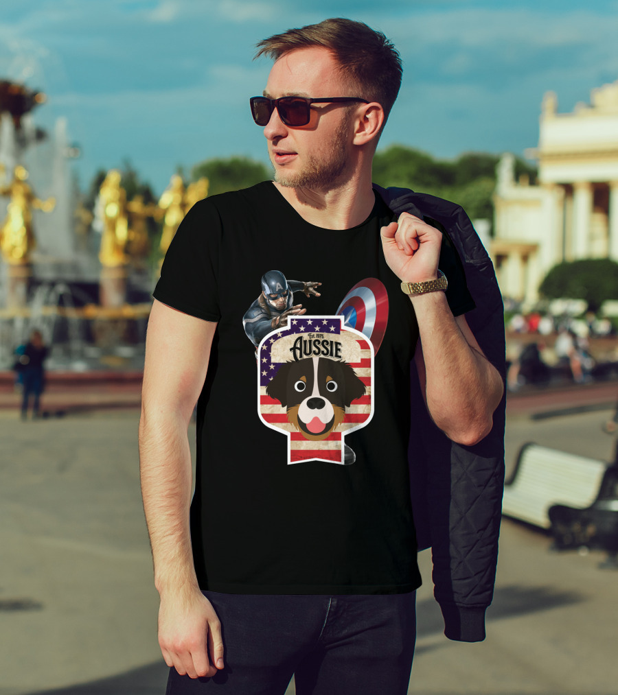 Aussie Australian Shepherd Est. 1975 Captain America Shield Stars And Stripes T-Shirt
