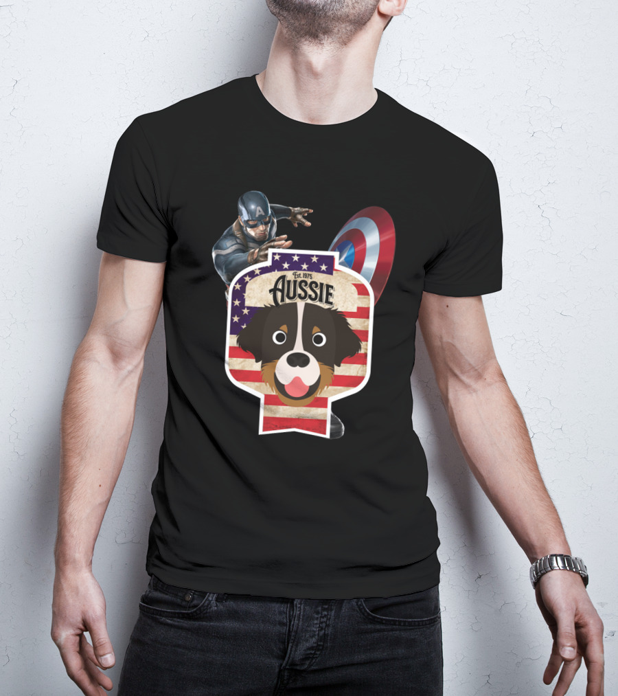 Aussie Australian Shepherd Est. 1975 Captain America Shield Stars And Stripes T-Shirt