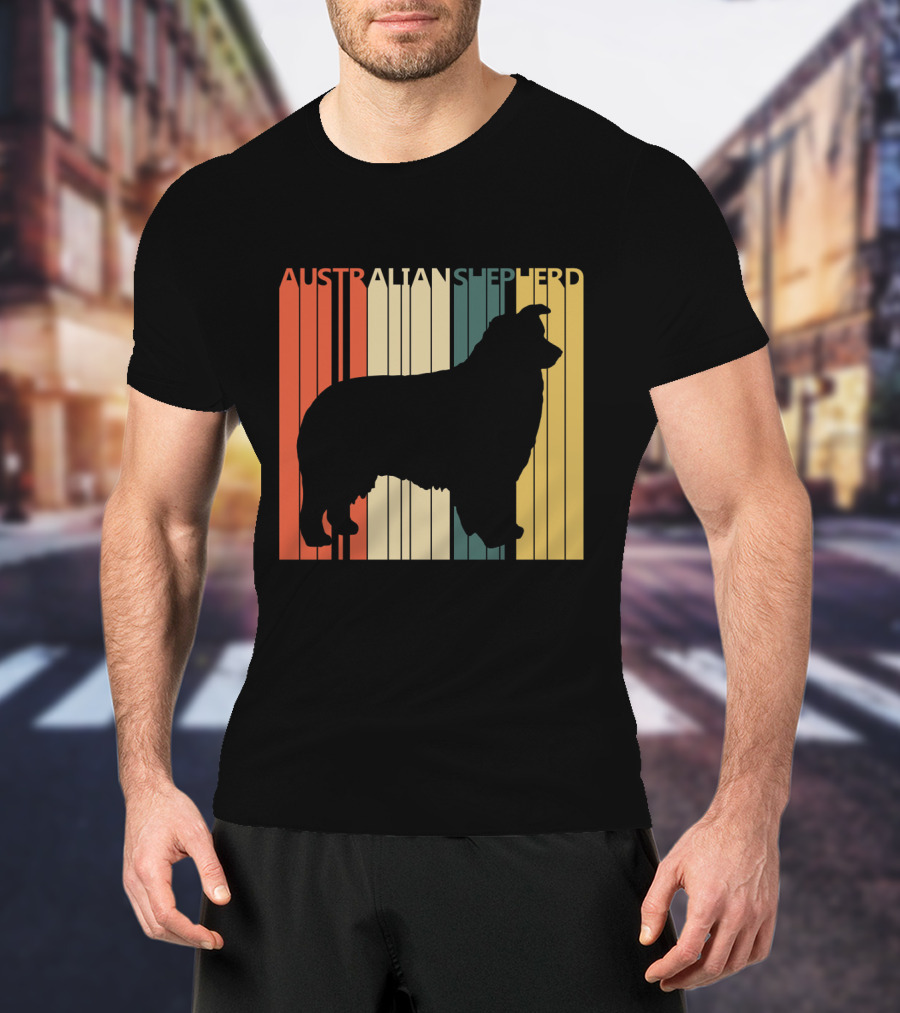 Australian Shepherd Silhouette With Vintage Stripes T-Shirt