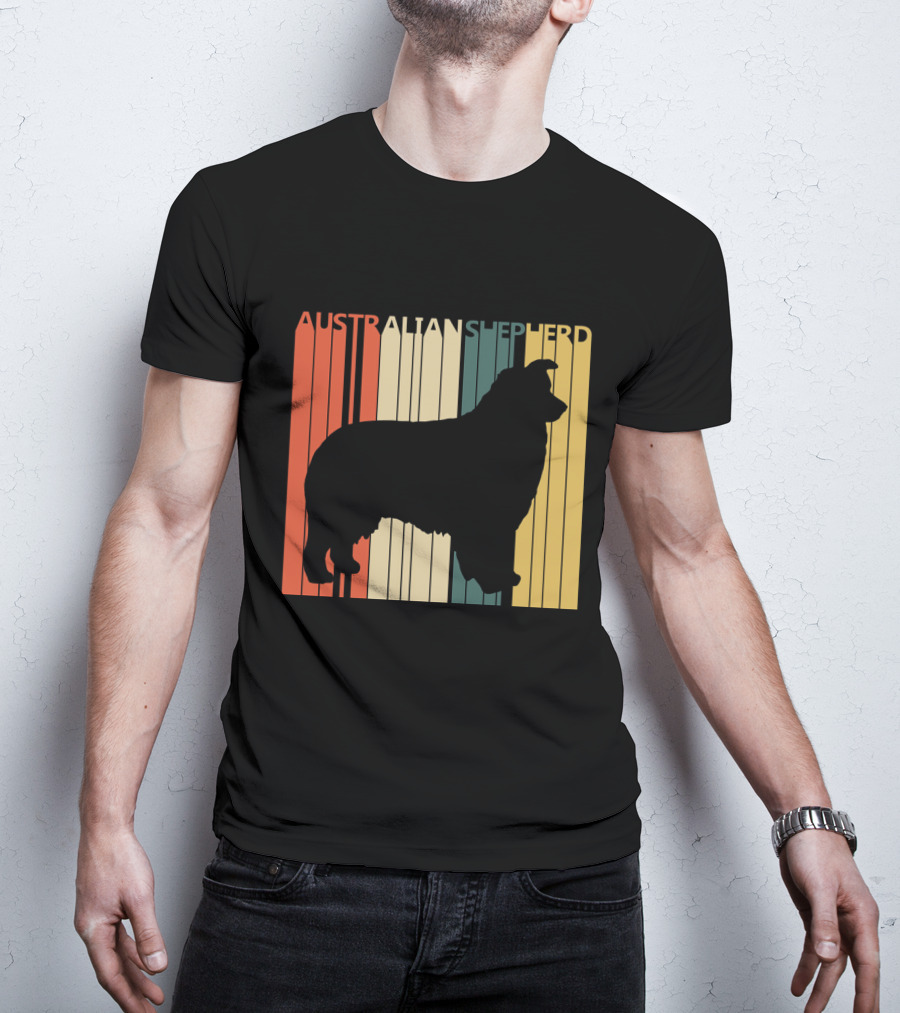 Australian Shepherd Silhouette With Vintage Stripes T-Shirt