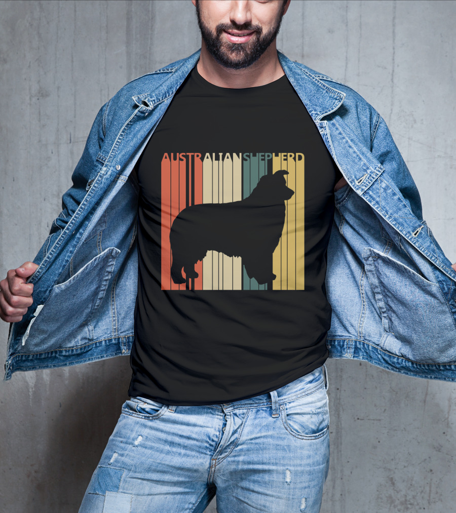 Australian Shepherd Silhouette With Vintage Stripes T-Shirt