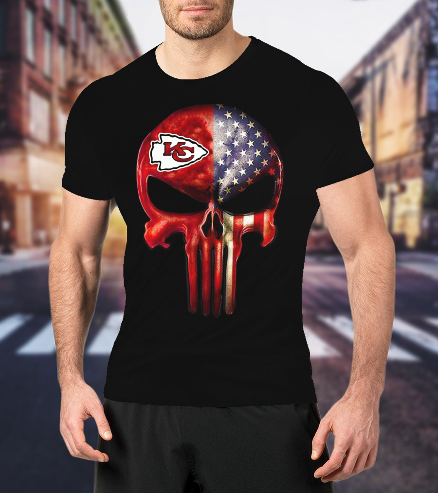 For True Kansas City Chiefs Fan Only American Flag Skull T-Shirt
