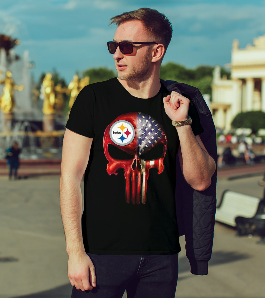Steelers American Flag Skull For True Pittsburgh Fan Only T-Shirt