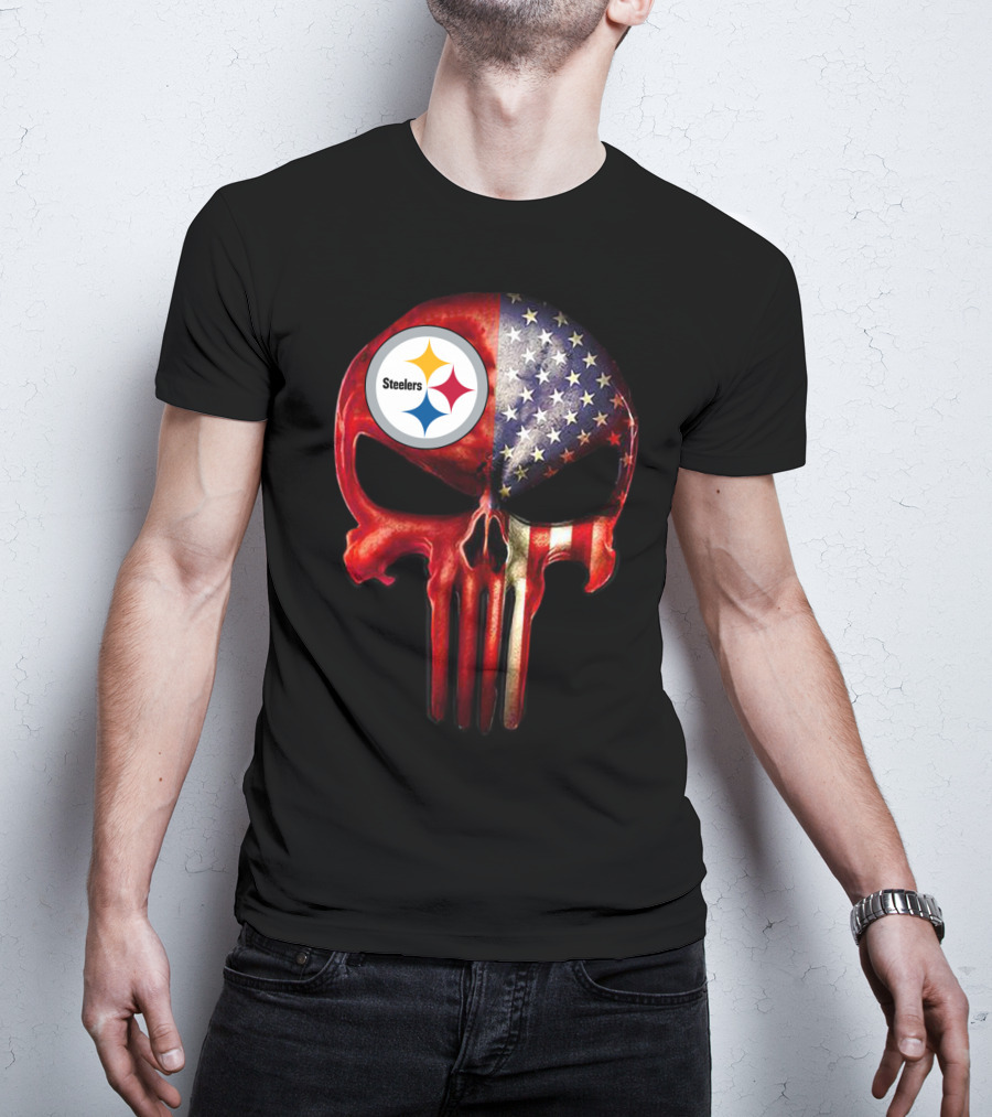 Steelers American Flag Skull For True Pittsburgh Fan Only T-Shirt