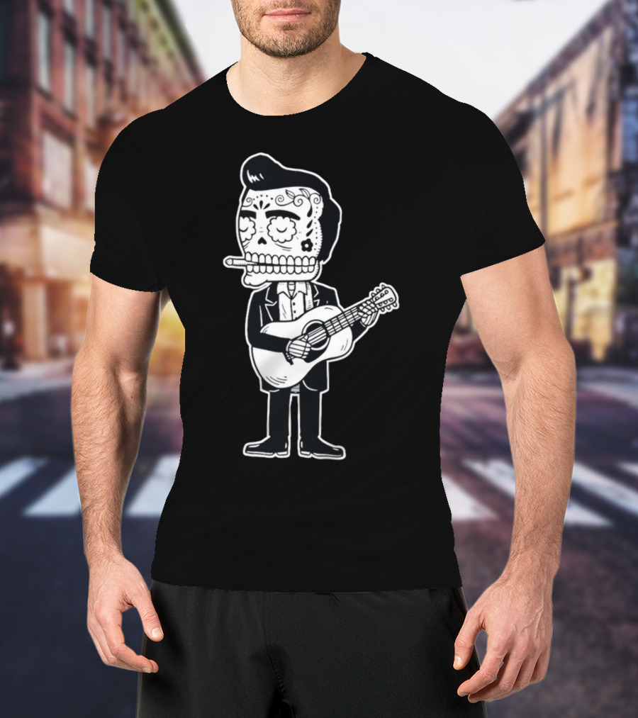 Johnny Cash Calavera Skull Playing Guitar T-Shirt