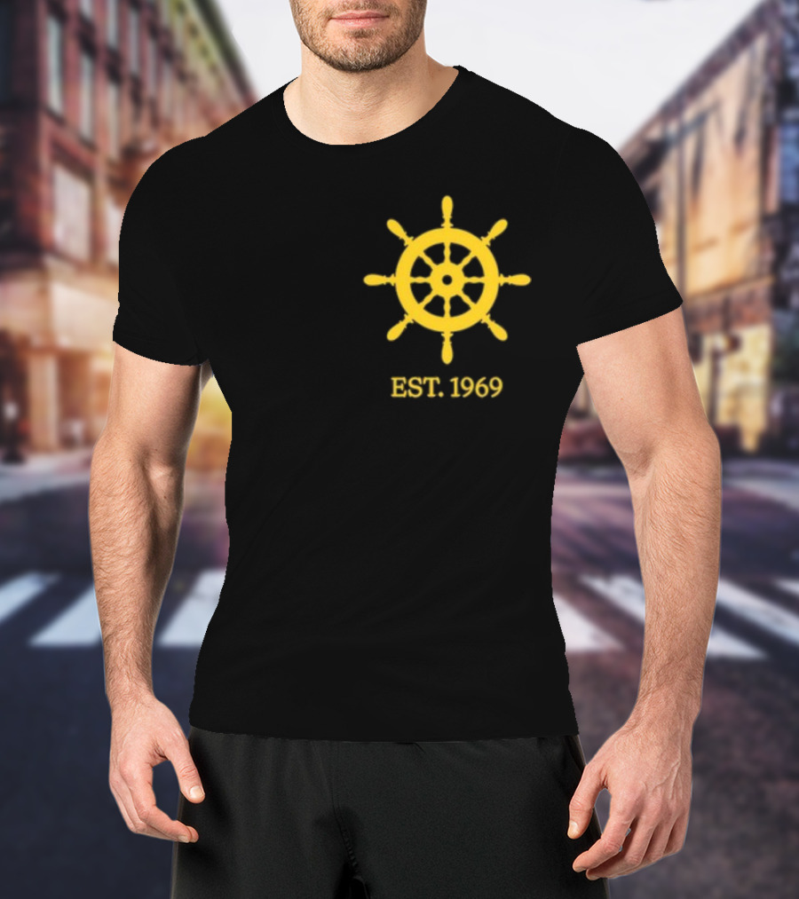 Benitez Sailing Est. 1969 Yellow Ship Wheel Emblem T-Shirt