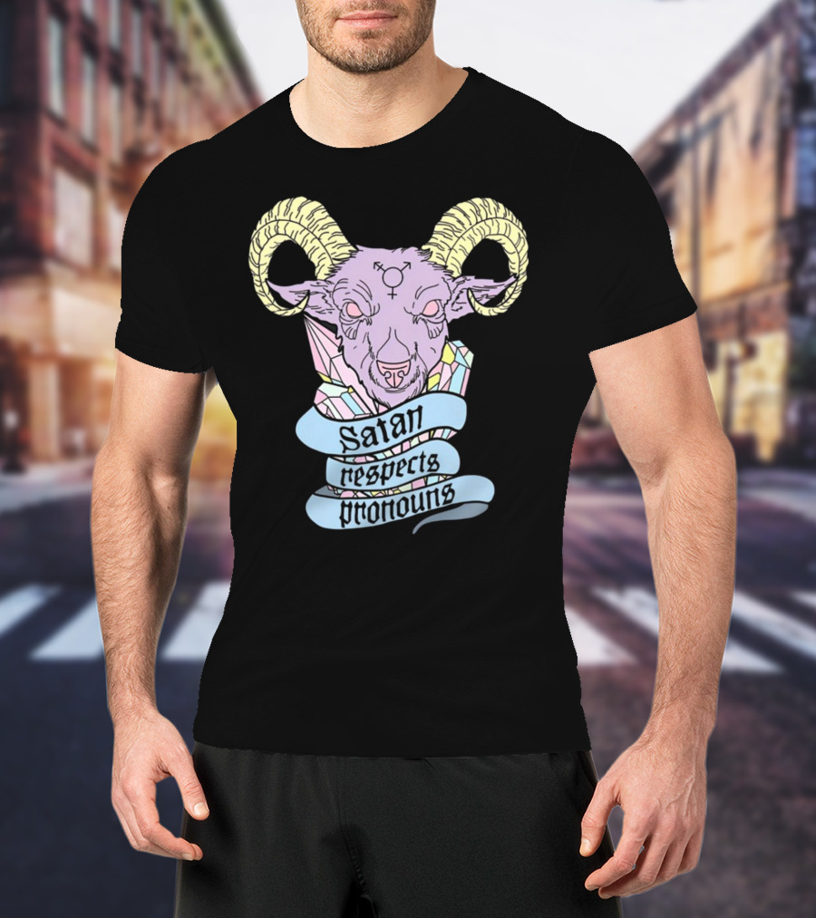 Satan Respects Pronouns Pastel Goat Head With Horns And Gender Symbols T-Shirt