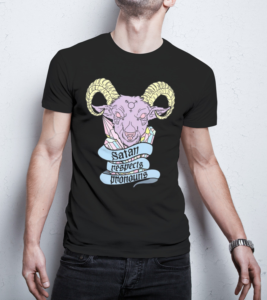 Satan Respects Pronouns Pastel Goat Head With Horns And Gender Symbols T-Shirt