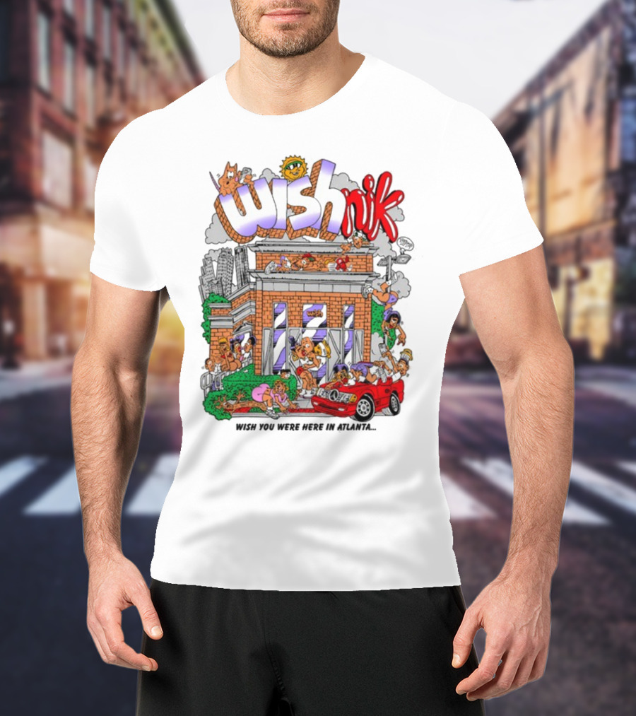 Wishnik Wish You Were Here In Atlanta Cartoon Car Crowd Scene T-Shirt