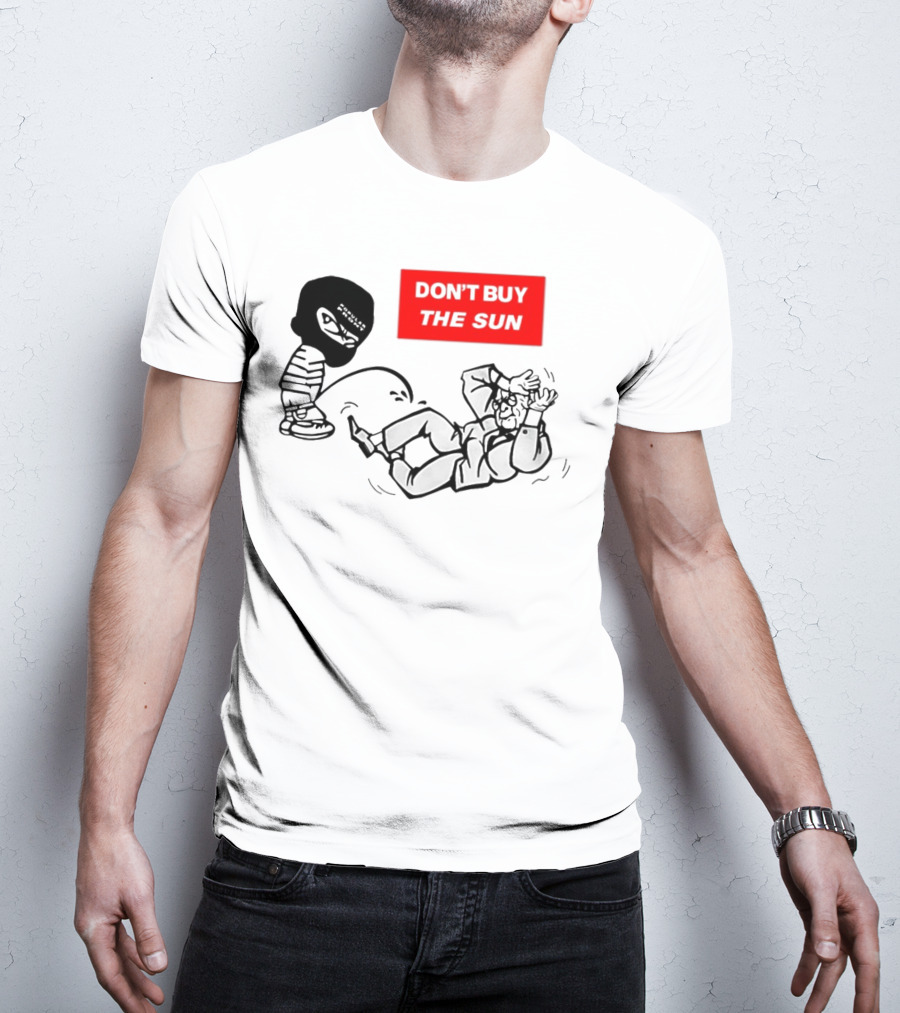 Don't Buy The Sun Graphic With Cartoon Character And Masked Figure Mocking Gesture T-Shirt