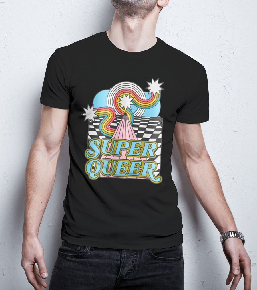Super Queer Retro Rainbow Starburst Checkered Sky Burst T-Shirt
