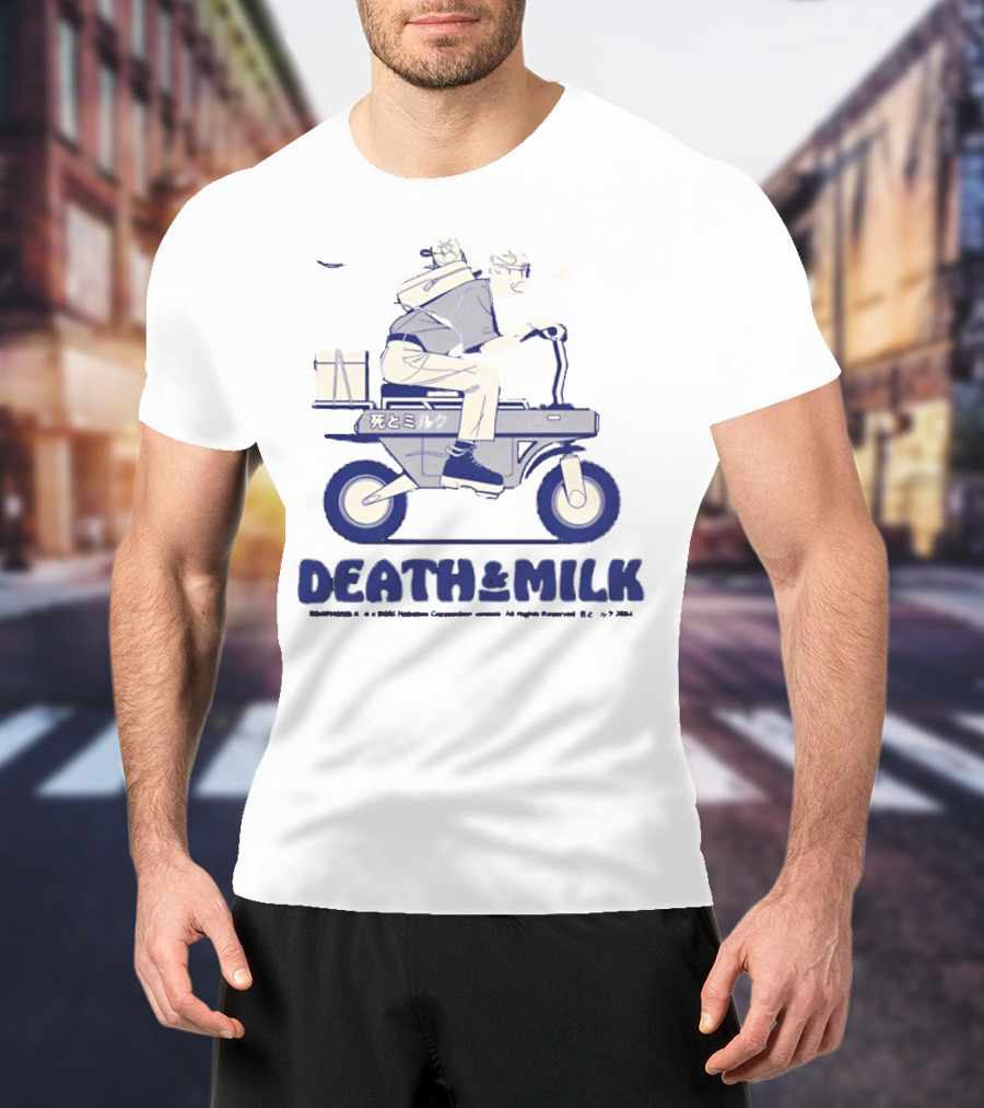 Death And Milk Riding Scooter With Package And Japanese Text T-Shirt