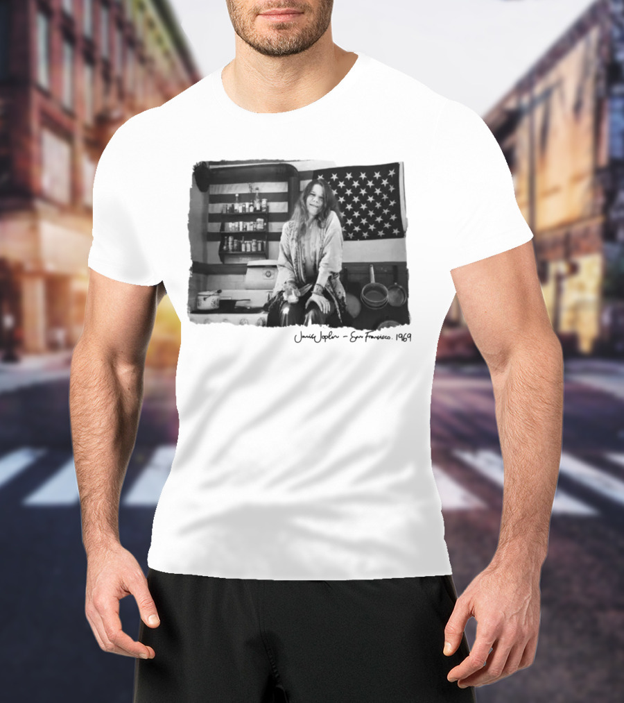 Janis Joplin San Francisco 1969 Kitchen Scene With American Flag T-Shirt