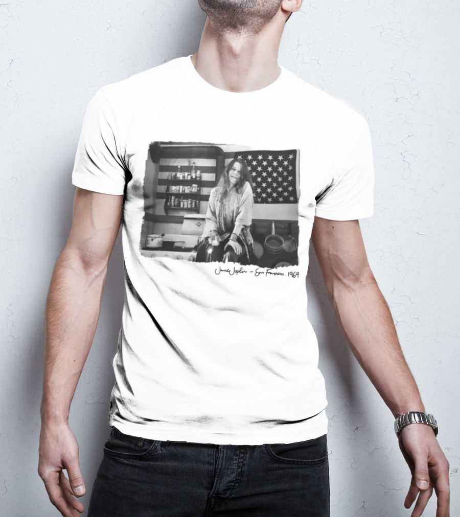 Janis Joplin San Francisco 1969 Kitchen Scene With American Flag T-Shirt