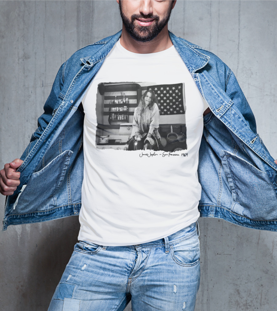 Janis Joplin San Francisco 1969 Kitchen Scene With American Flag T-Shirt