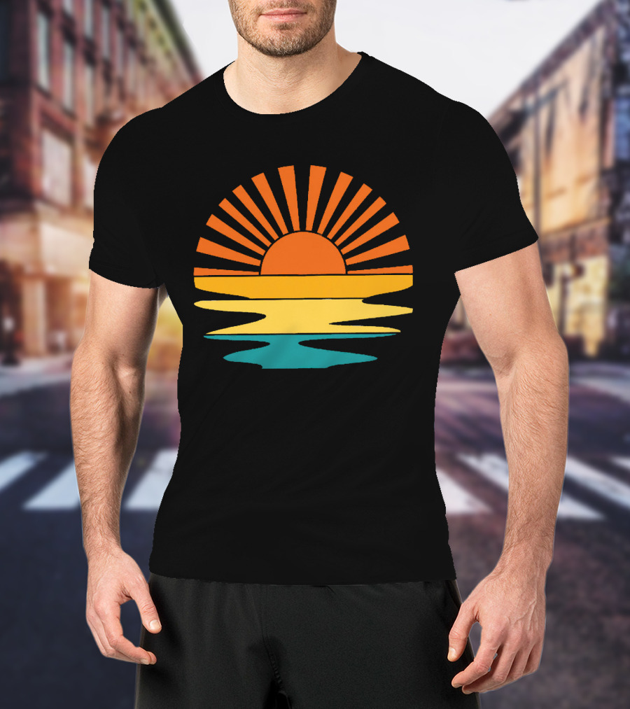 Retro Sunset Rays Wavy Vintage Sunshine Sunburst Ocean Horizon T-Shirt