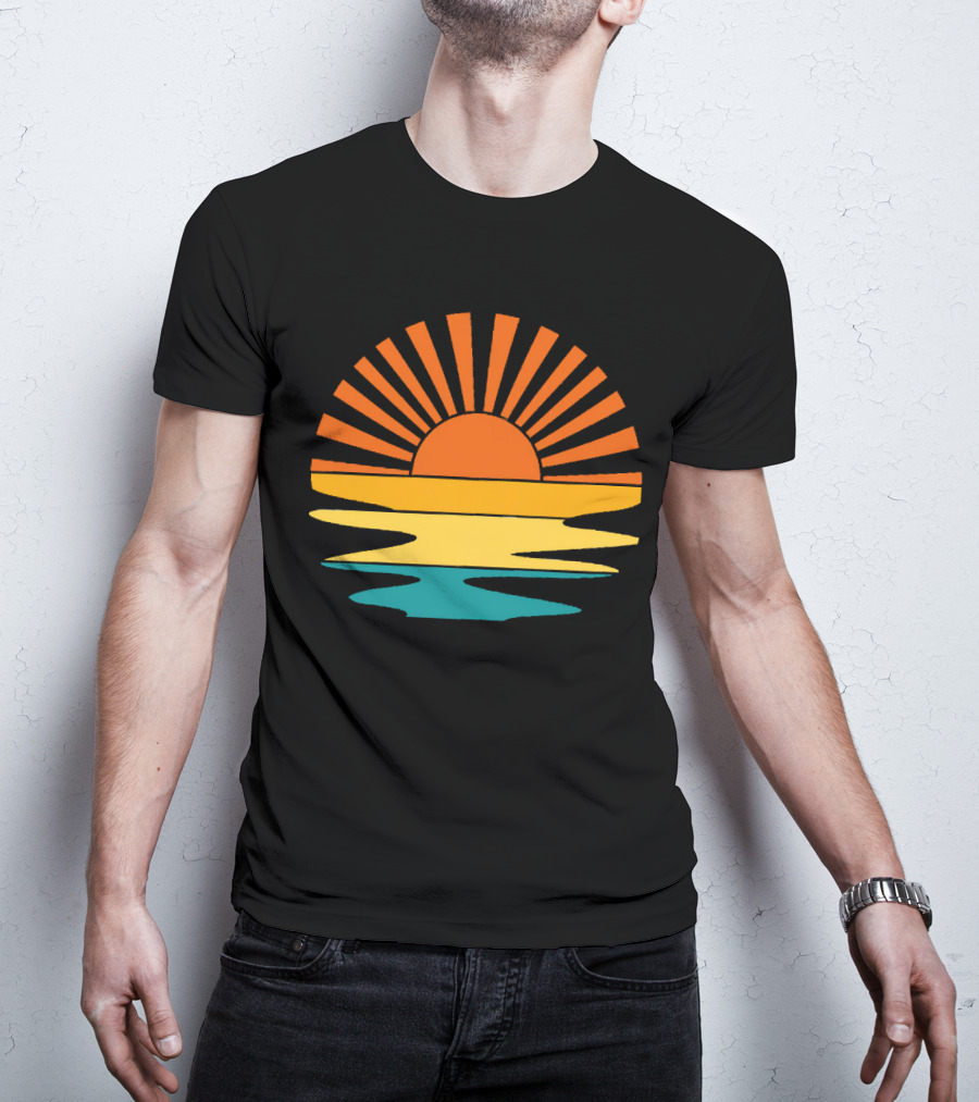 Retro Sunset Rays Wavy Vintage Sunshine Sunburst Ocean Horizon T-Shirt