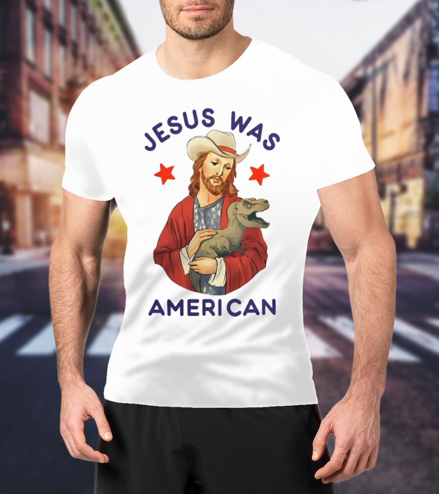 Jesus Was American Holding Dinosaur In Cowboy Hat With Stars T-Shirt