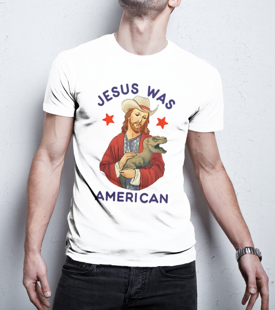 Jesus Was American Holding Dinosaur In Cowboy Hat With Stars T-Shirt