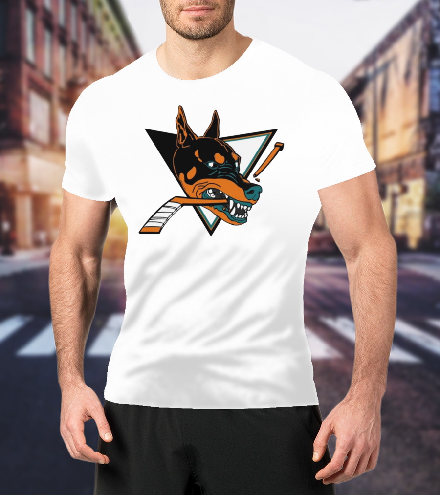 Kayzo San Jose Dogs Hockey Iconic Doberman Logo With Hockey Sticks T-Shirt
