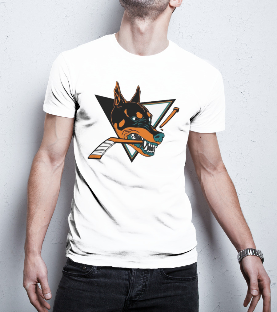Kayzo San Jose Dogs Hockey Iconic Doberman Logo With Hockey Sticks T-Shirt